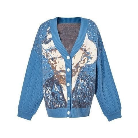 Flat lay front view of a blue Van Gogh Sunflower knit cardigan with white buttons