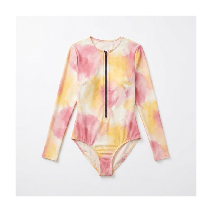 Front view of a long sleeve printed swimsuit with a black front zip in pink and yellow tie-dye