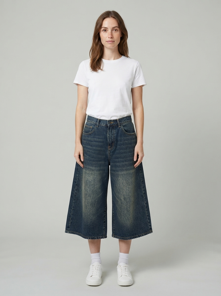 Retro Washed Denim Shorts — Dark Blue - front view