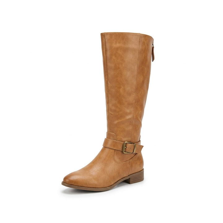 Side view of a tan knee-high riding boot with a buckle detail and a zipper at the top back