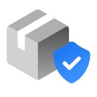 Shipping protection icon with a grey box and a blue shield with a white tick