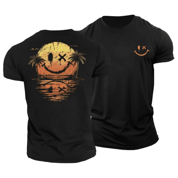 Back view of a black graphic cotton tee with a sunset smiley face and palm trees design