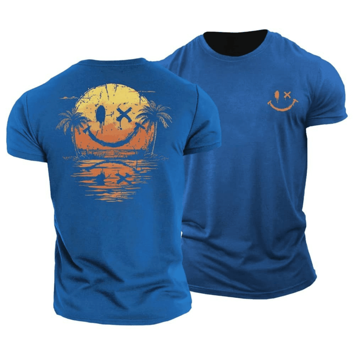 Back and front view of a blue graphic cotton tee with a sunset smiley face and palm trees design