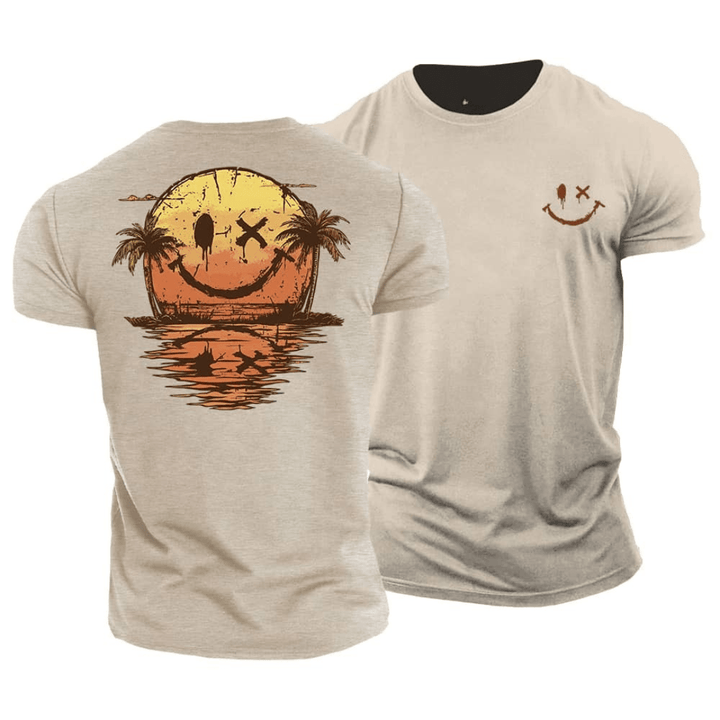 Back and front view of a beige graphic cotton tee with a sunset smiley face and palm trees design