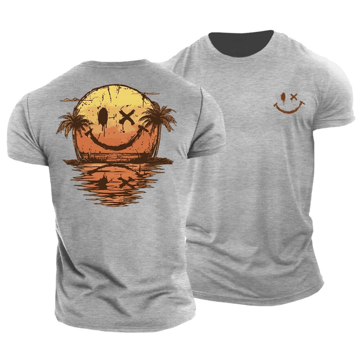 Back and front view of a grey graphic cotton tee with a sunset smiley face and palm trees design