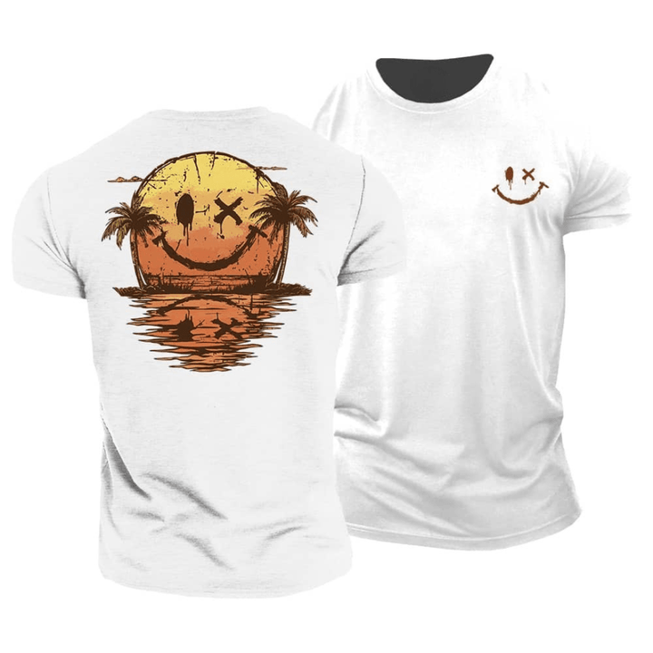 Back and front view of a white graphic cotton tee with a sunset smiley face and palm trees design