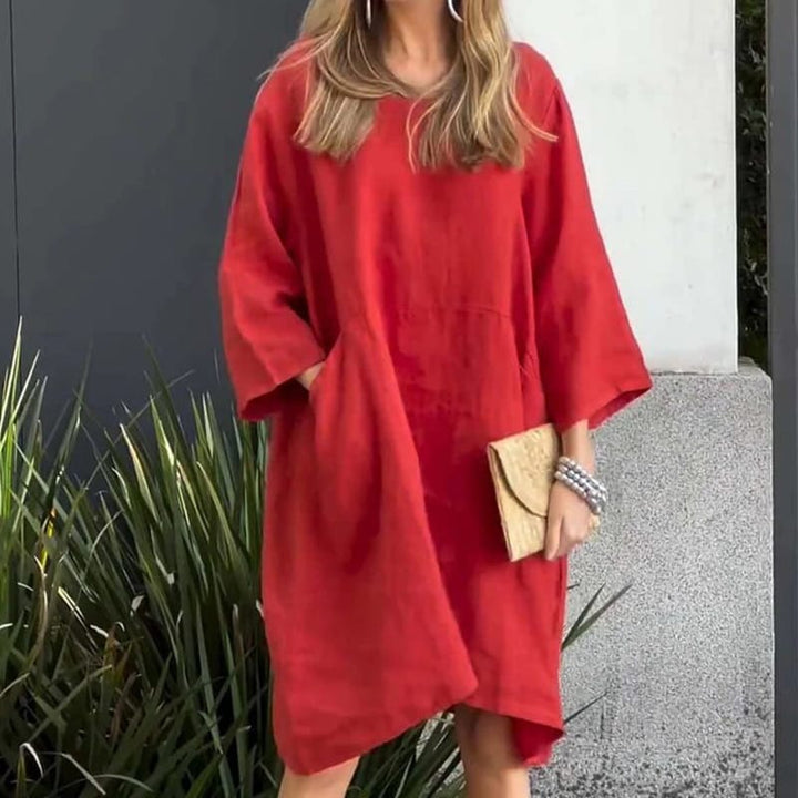 Front view of model wearing a red women&