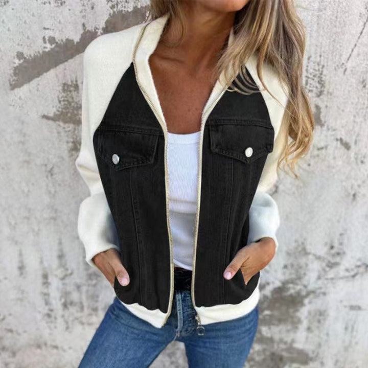 Black and white colourblock denim contrast jacket with a zip, front view