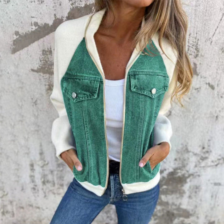 Colourblock Denim Contrast Jacket front view worn by model, with zip open over a white top