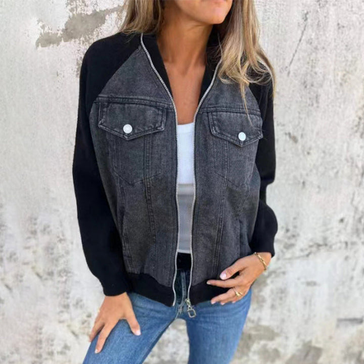 Colourblock Denim Contrast Jacket front view worn by model, with zip open over a white top and blue jeans