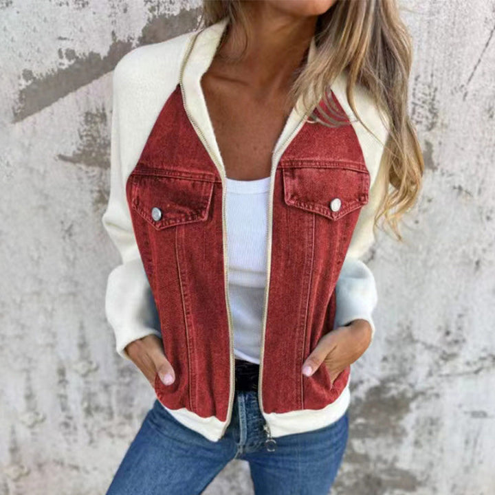 Red and white colourblock denim contrast jacket with a zip, front view