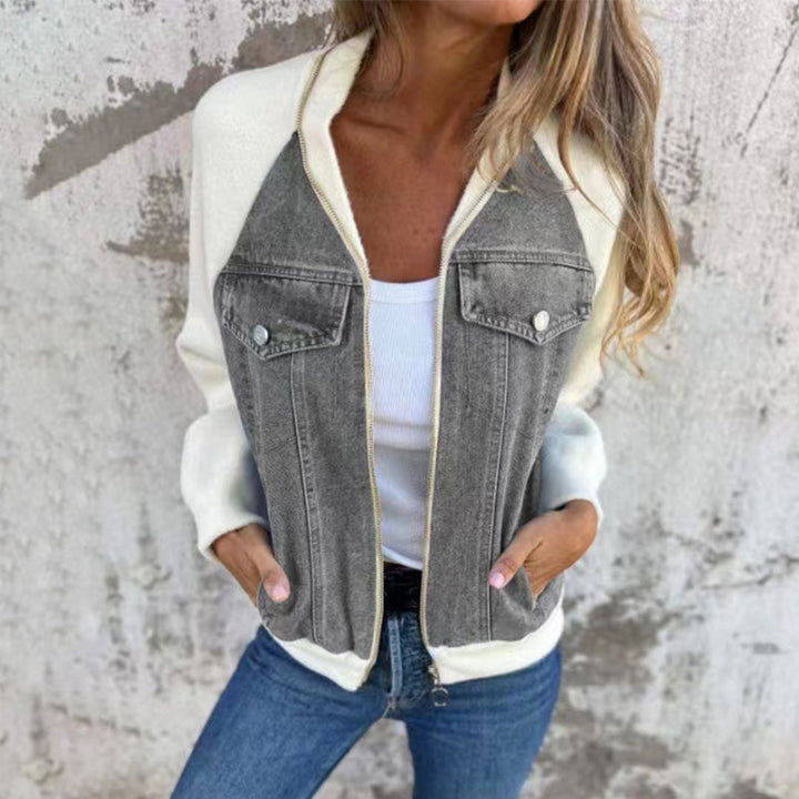 Colourblock Denim Contrast Jacket front view worn by model, with hands in pockets and zip slightly open over a white top