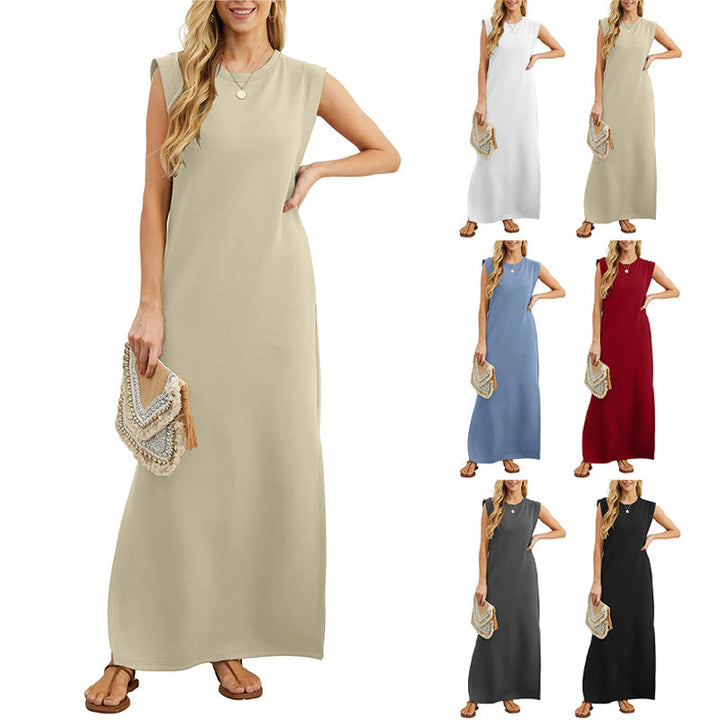 Front view of a model in a beige crease-resistant maxi dress, with five other colours in smaller images