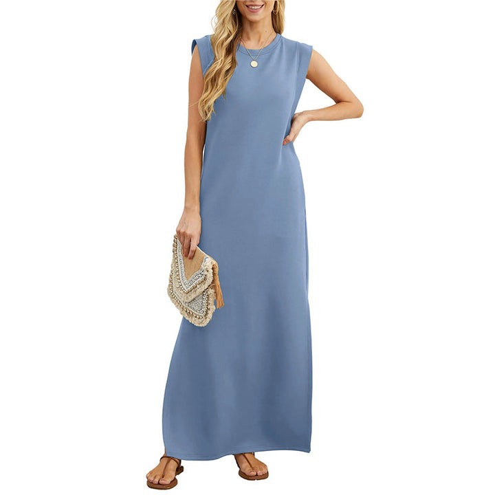 Front view of a model in a blue crease-resistant maxi dress with a round neck and sleeveless design
