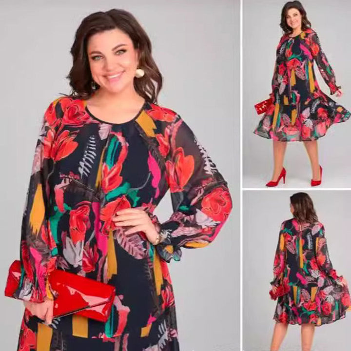 Front, back, and full length views of a model wearing a colourful floral A-line dress with long sleeves