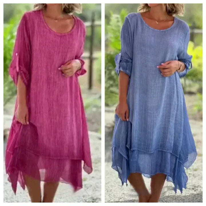 Front view, two models wearing the double-layer elegant dress, one in magenta and one in blue, outdoors