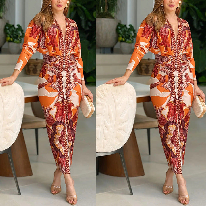 Front view, model wearing a V-neck bodycon dress in an orange and white intricate pattern, holding a clutch