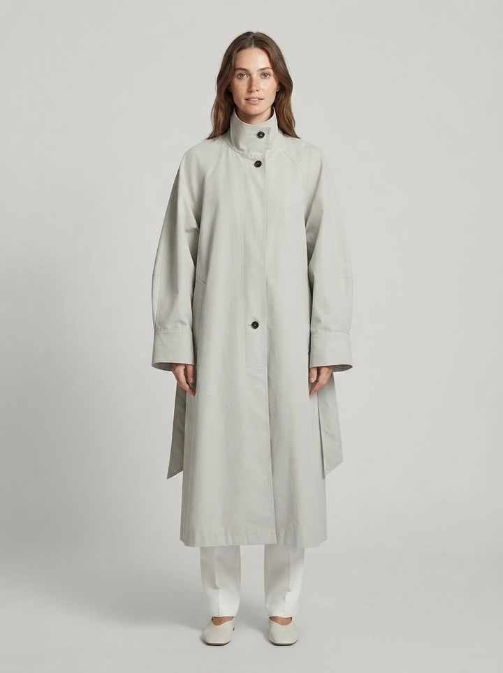 Stand-Collar Self-Belt Longline Trench Coat in Gray - front view