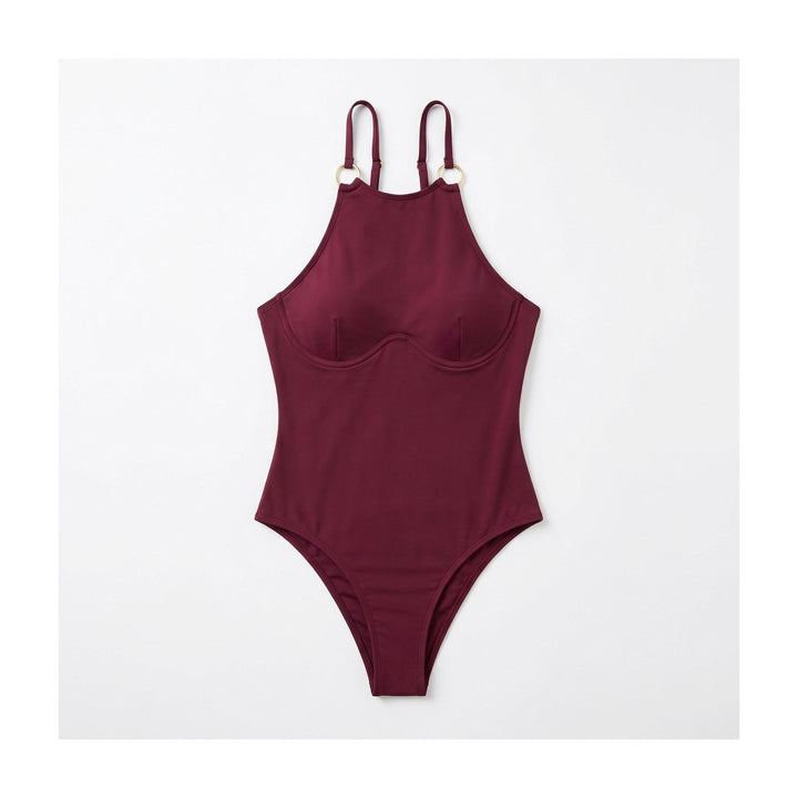 Front view of a wine halter neck one-piece swimsuit with gold O-ring hardware and high cut leg