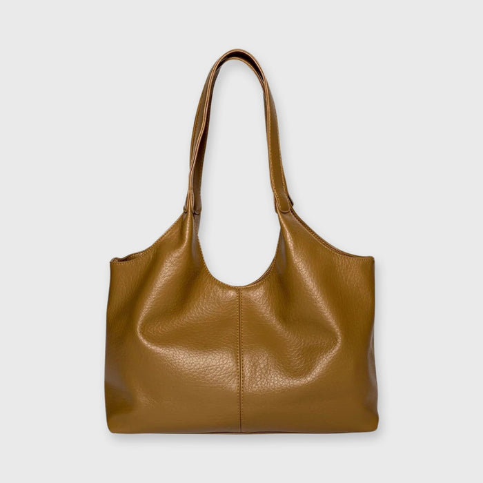 Front view of the Hannah Tote shoulder bag in a rich tan leather with a textured finish