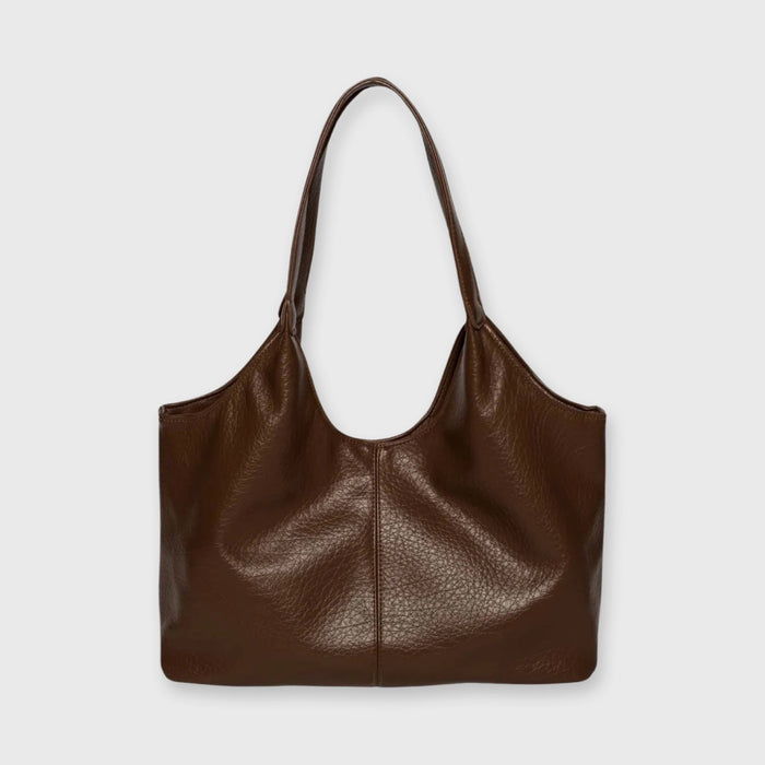 Front view of the Hannah Tote shoulder bag in a rich brown leather with a textured finish