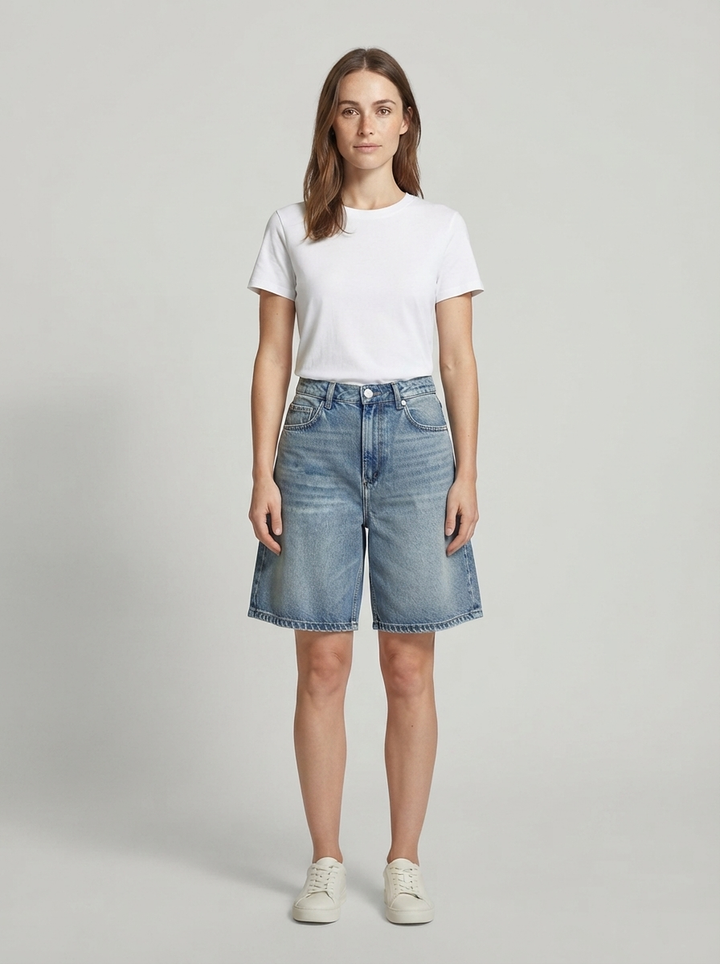 Wide-Leg Denim Shorts — Light Blue - front view