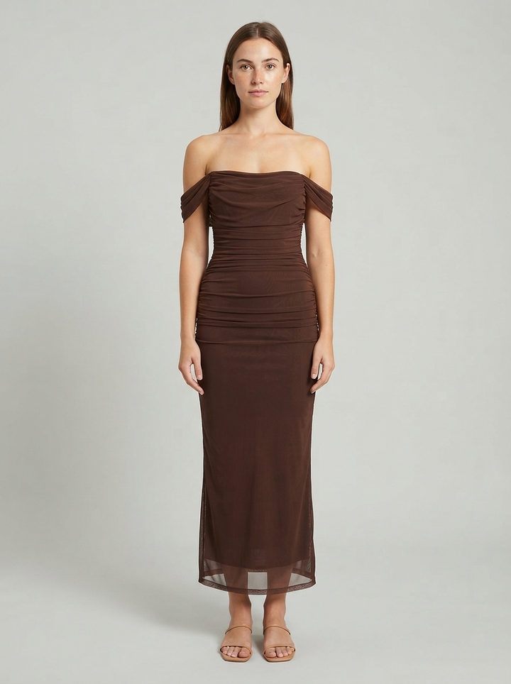 Brown ruched mesh maxi dress with an off shoulder neckline, seen from the front