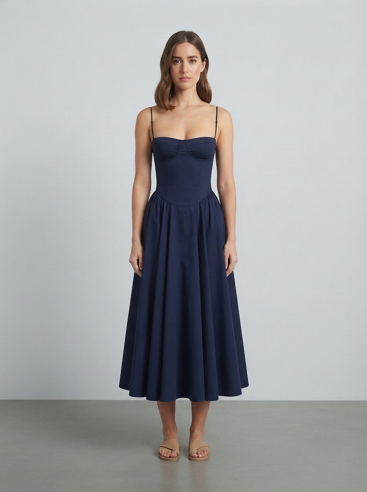 Navy corset midi dress with a pleated skirt, seen from the front