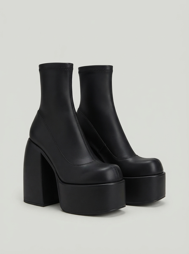 Black platform ankle boots with a close sock upper, the pair seen from the front