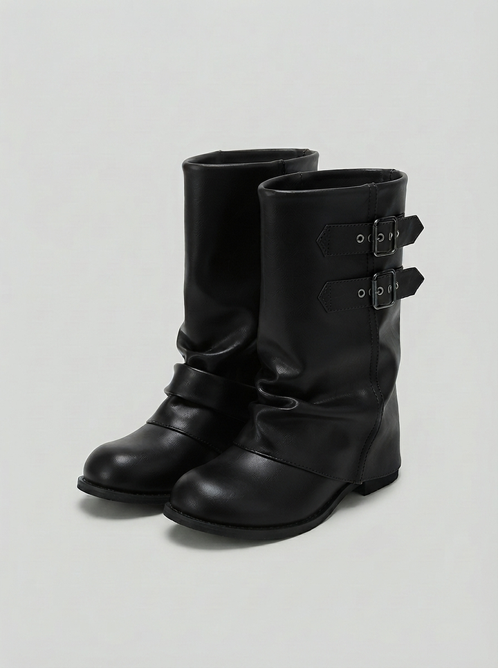 Black slouch boots with a fold over shaft and two buckle straps, the pair seen from the front
