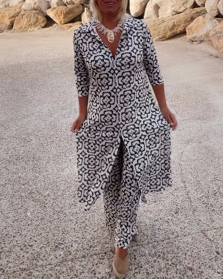 Front view worn by model, a geometric elegance two-piece set in monochrome with a long shirt and trousers