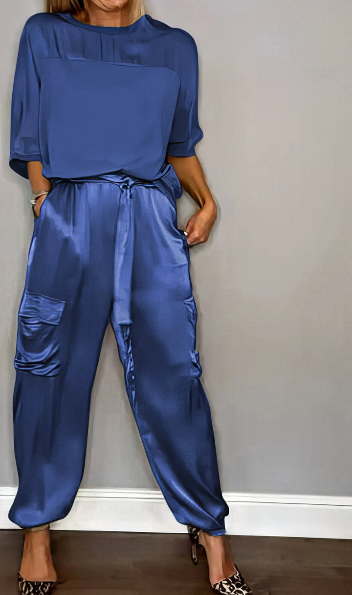 Jade Satin Two-Piece Set, worn by model, showing cargo trousers with tie waist and gathered side pockets