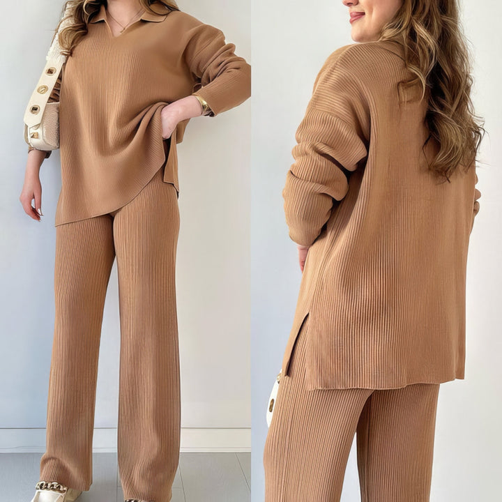 Front and back view of a model wearing a camel ribbed V-neck sweater and wide-leg trousers set