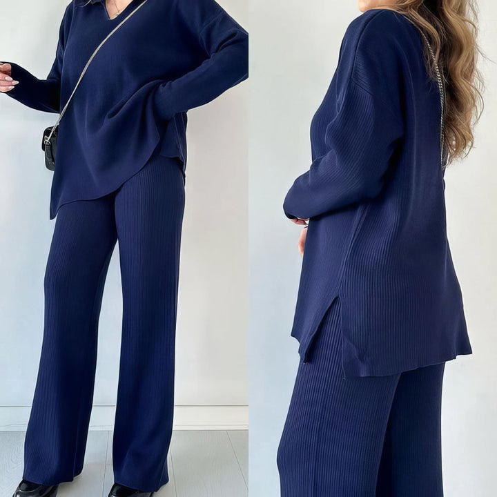 Front and side view of a model wearing a navy ribbed V-neck sweater and wide-leg trousers set