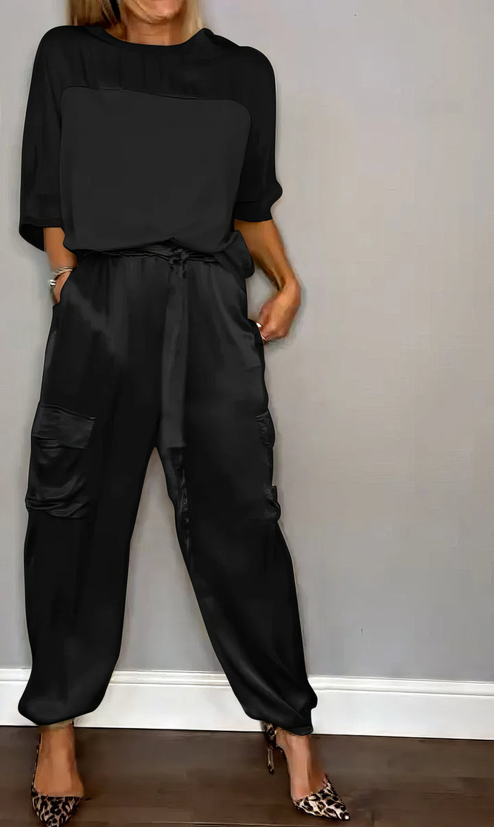 Jade Satin Two-Piece Set, worn by model, showing cargo trousers with tie waist and side pockets