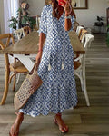 Women's V Neck A-Line Midi Dress – Printed Summer
