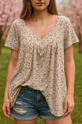 Women's Loose V-Neck Short-Sleeve Blouse – Floral Print
