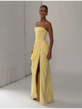 Women's Corset Maxi Dress Australia: Pleated Strapless High Split