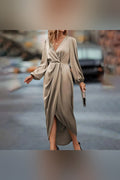 Women's Elegant V-Neck Satin Midi Dress: Draped