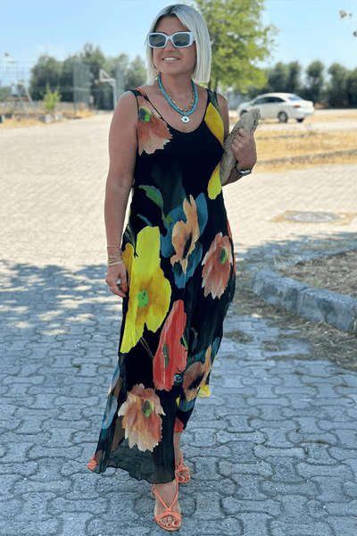 Kara | Floral silk chiffon maxi dress with U-neckline