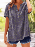 Women's Vintage Botanical Floral V-Neck Short Sleeve Shirt