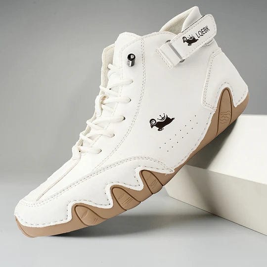 Side view of a white Orthopedic Comfort Boot with beige anti-slip sole and laces, on a display stand