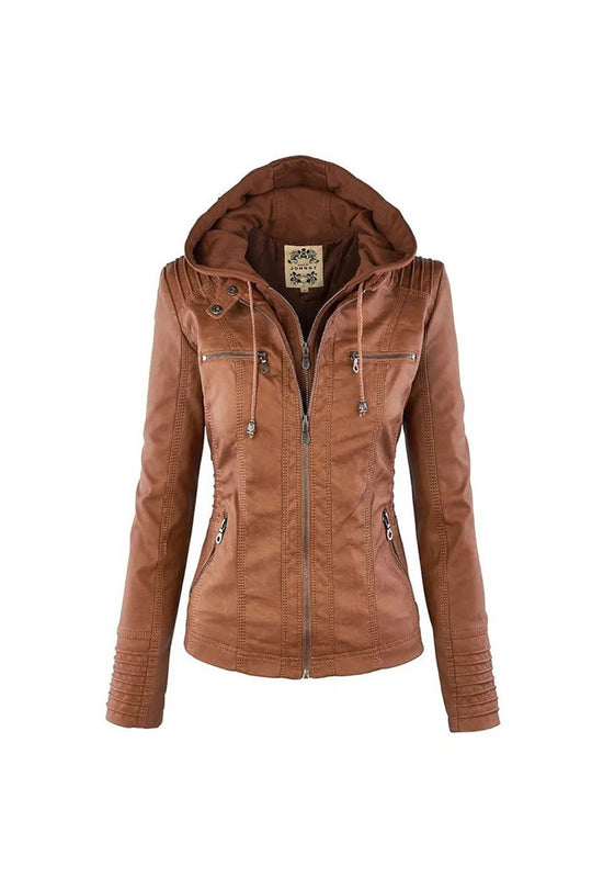 Women's Hooded Faux Leather Jacket front view, light brown with zipper and drawstring details