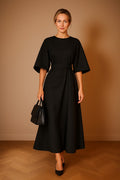Women's Black Kimono Sleeve Midi Dress: Belted Elegant