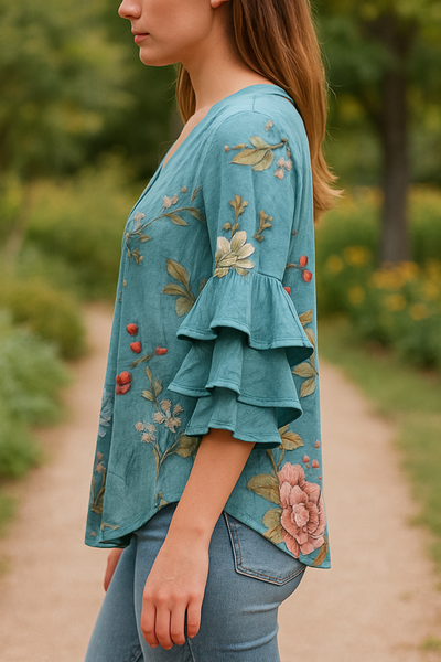 Francine™ | Boho Floral V-Neck Ruffle Bell Sleeve Top