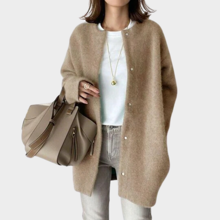 Front view of a model wearing a soft camel women&