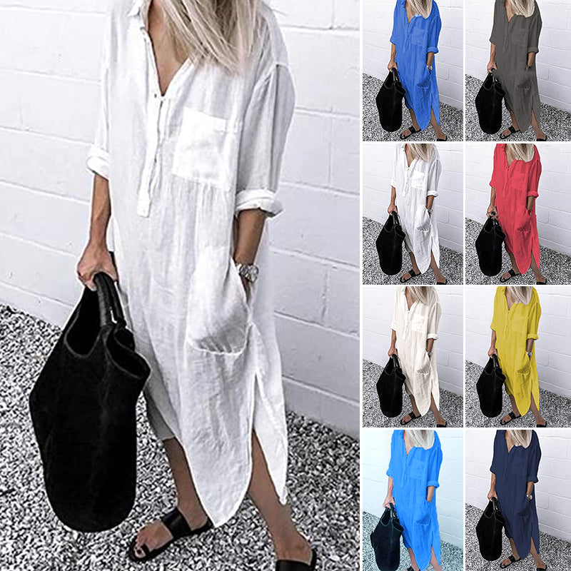 Elara™ | Elegant Solid Color Slit Shirt Dress