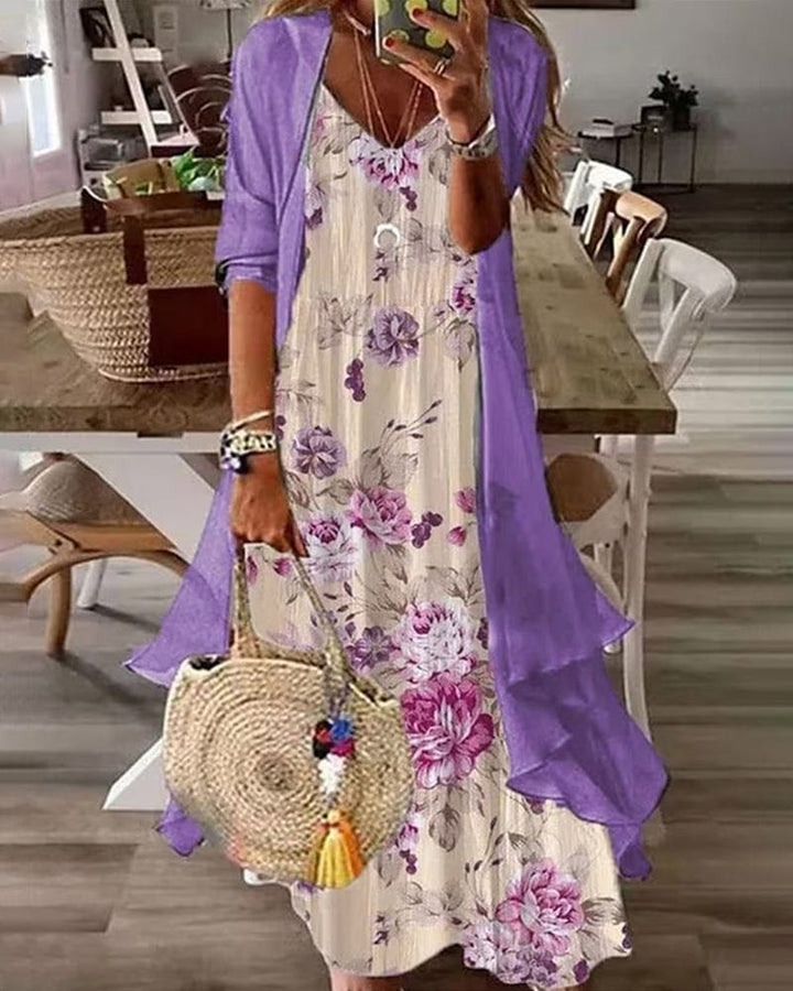 Beige floral draped two piece dress set with a purple cardigan
