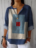 Women's Denim Blue Geometry Cotton Linen Shirt