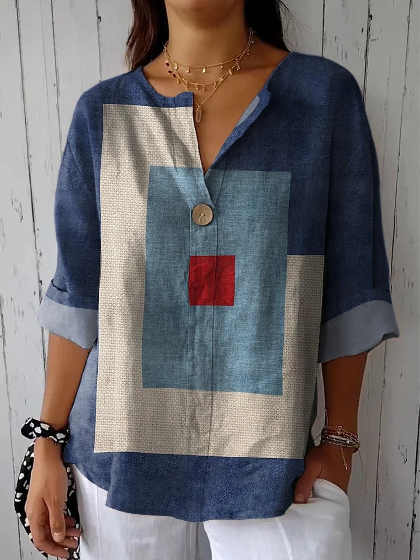 Women's™ | Denim Blue Geometry Casual Cotton Linen Shirt